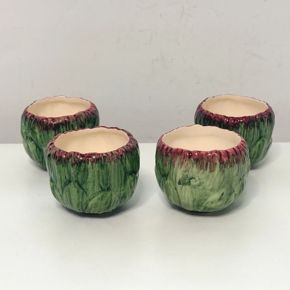 Vintage Sur La Table Artichoke Bowls Set of 4 Green Majolica Portugal Ceramic